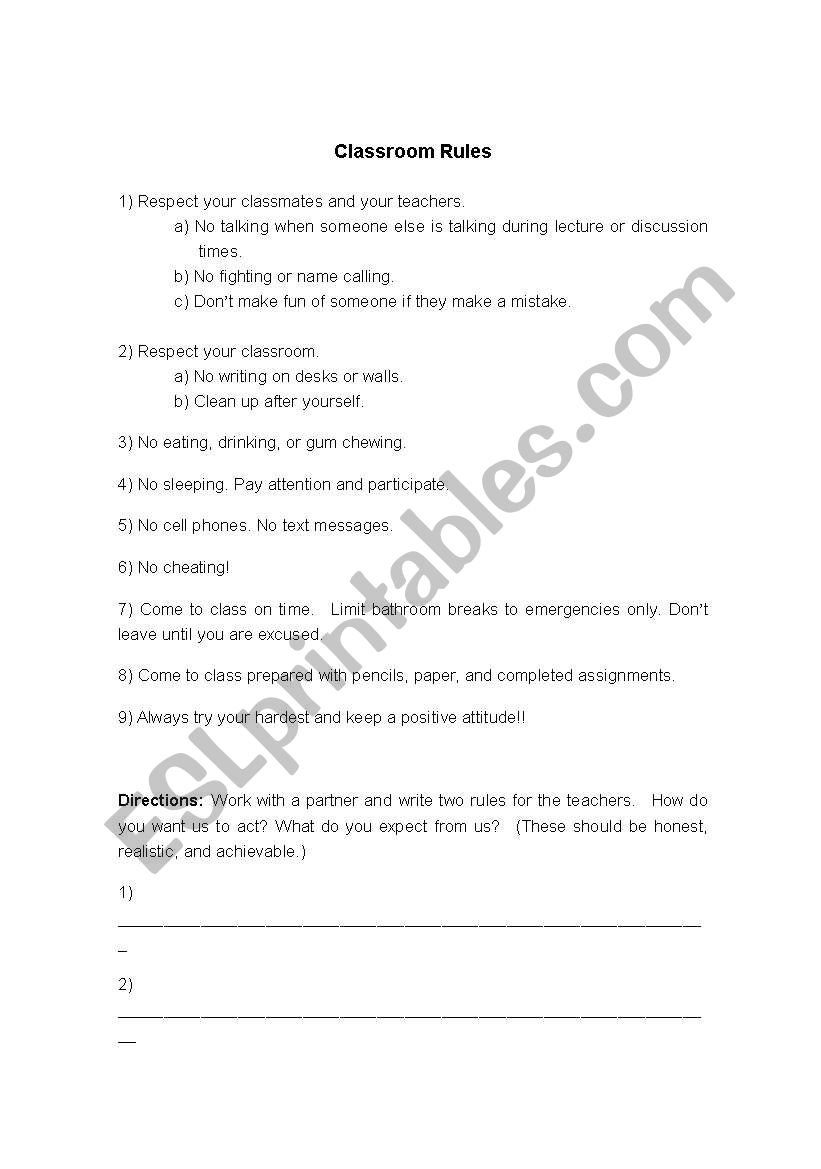 1st day of Class rules worksheet