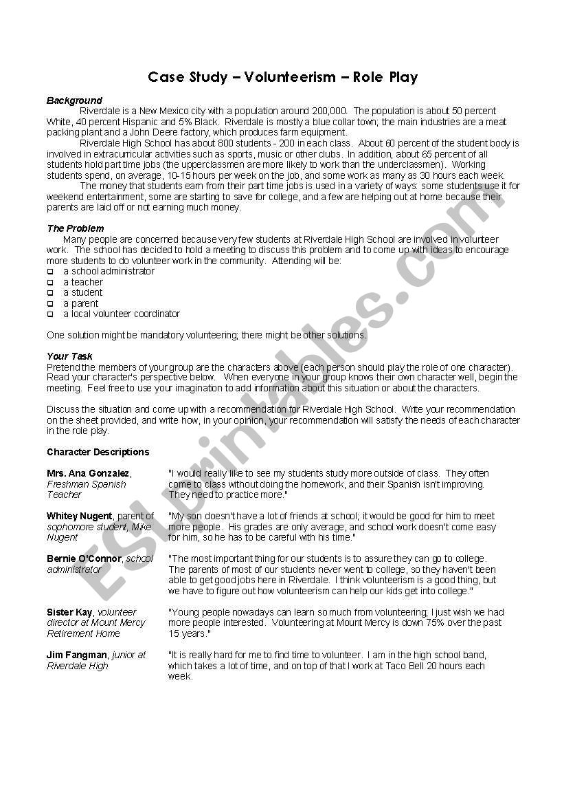 Case Study - Volunteerism (Role Play) - ESL worksheet by timstoeckel