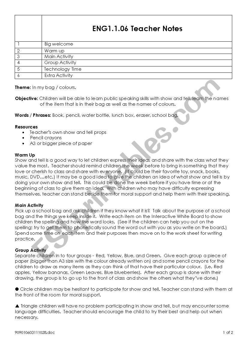 In my bag / colours worksheet