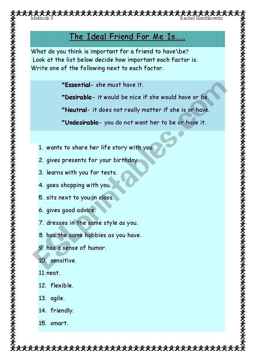 The Ideal Friend For Me Is worksheet
