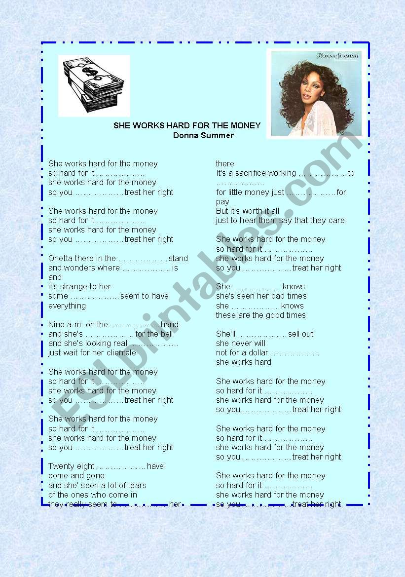 She Works Hard For The Money By Donna Summer Esl Worksheet By Greni