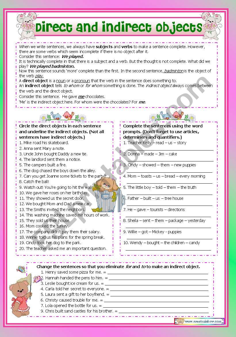 Direct And Indirect Objects Worksheets