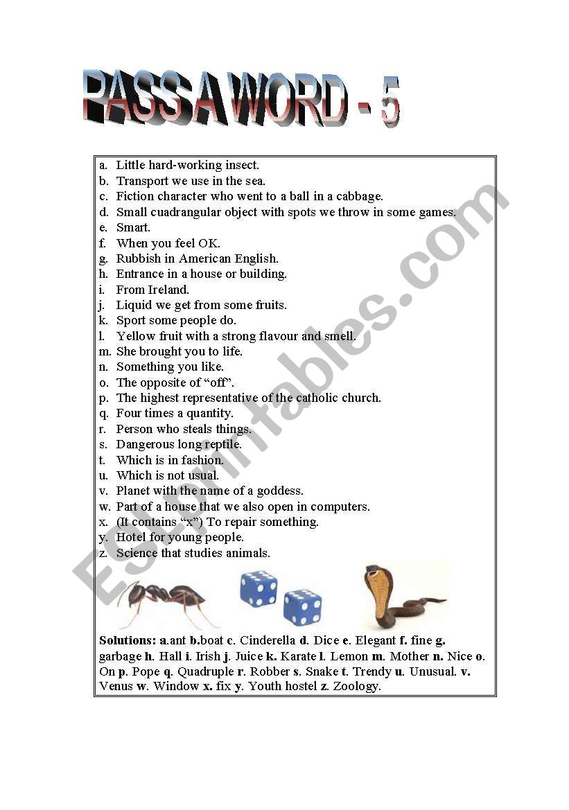 GAME: PASS A WORD - 5 worksheet