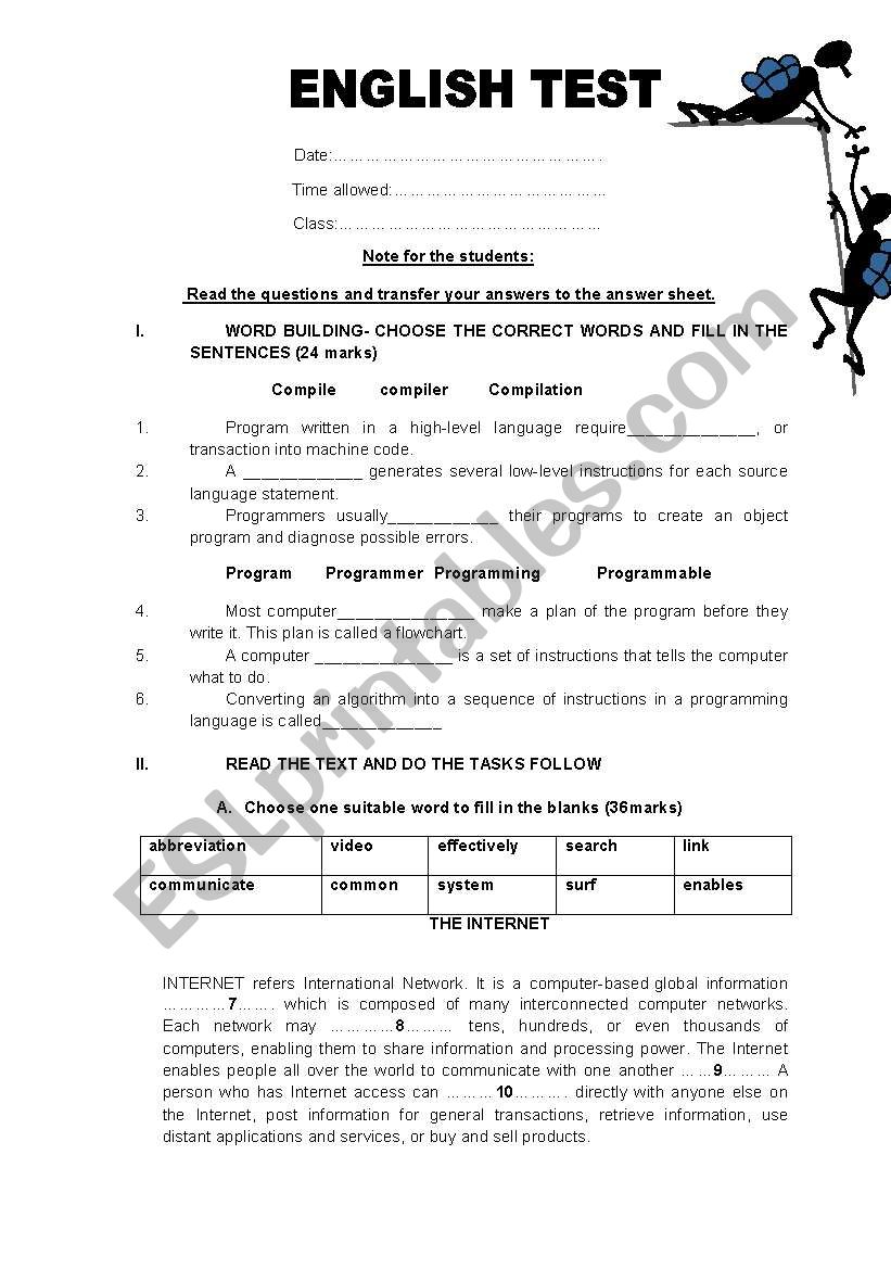 Test about Computer worksheet