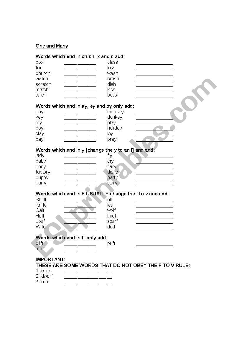 One and many worksheet