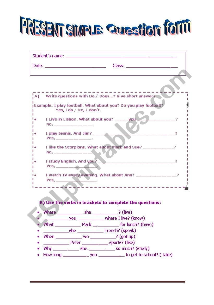 Present simple: Question form worksheet