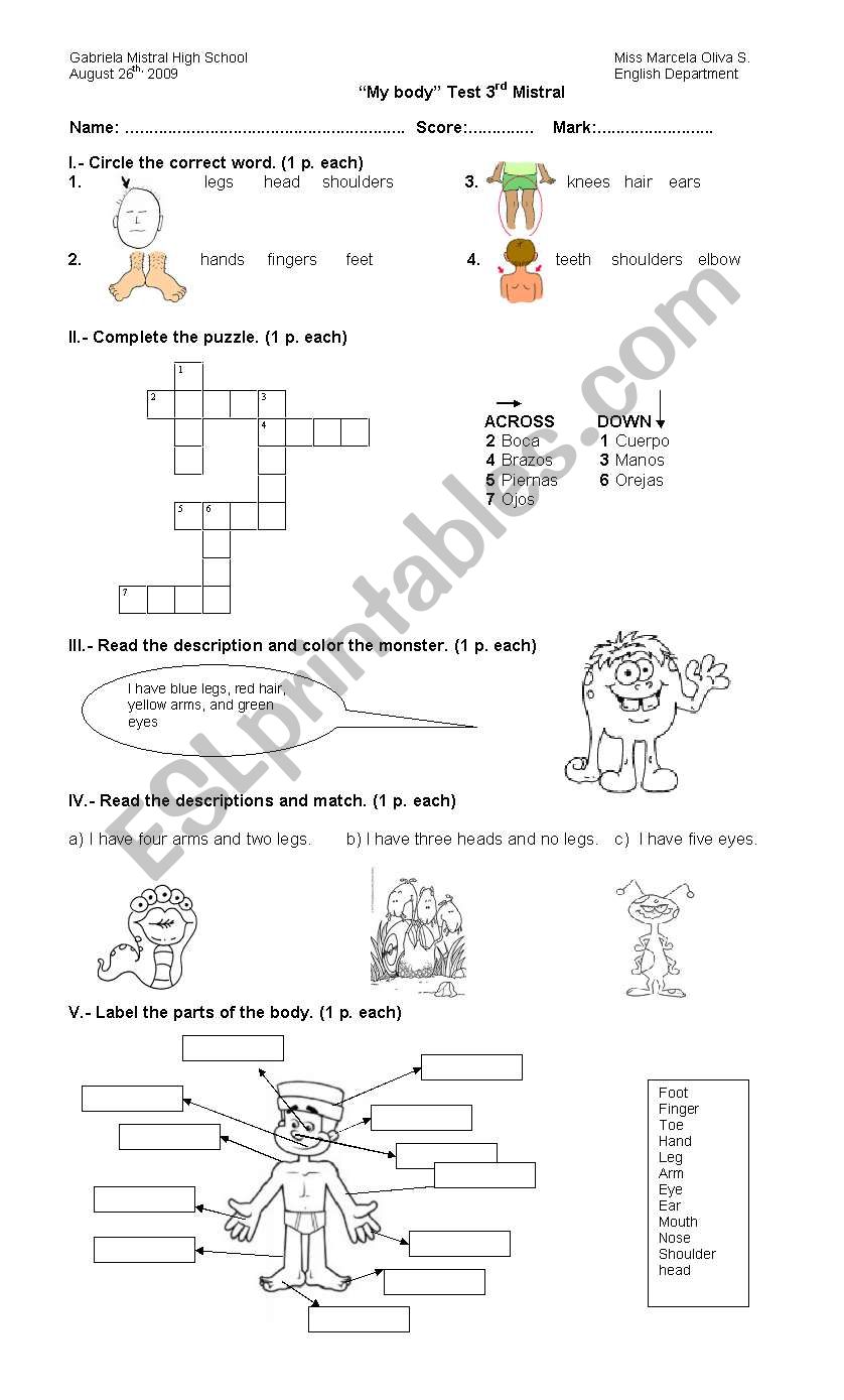 body parts worksheet