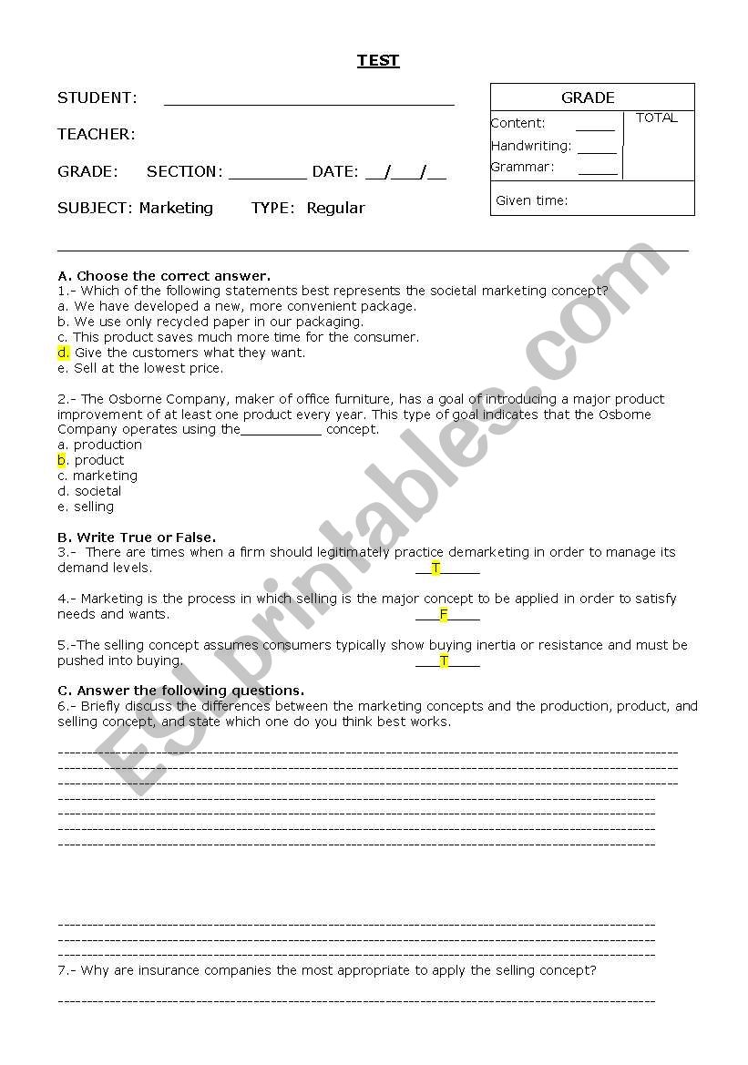 marketing activity worksheet