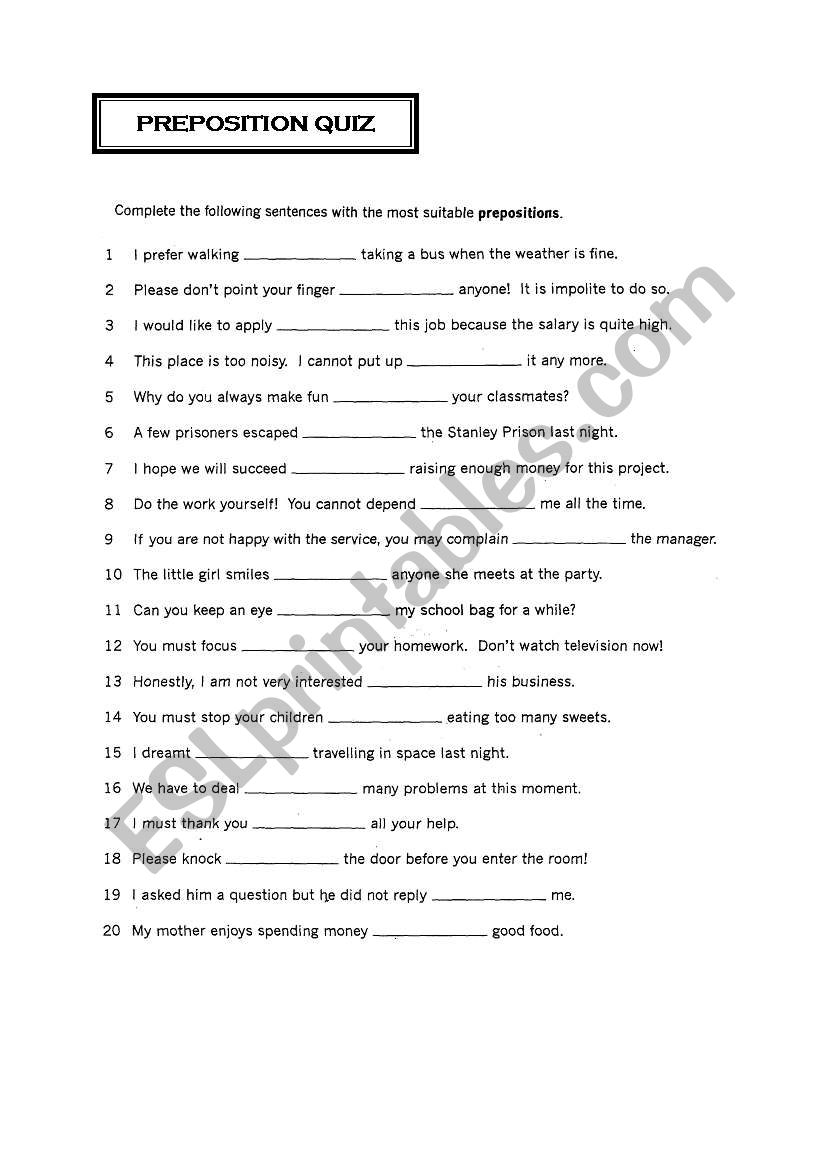 Preposition quiz worksheet