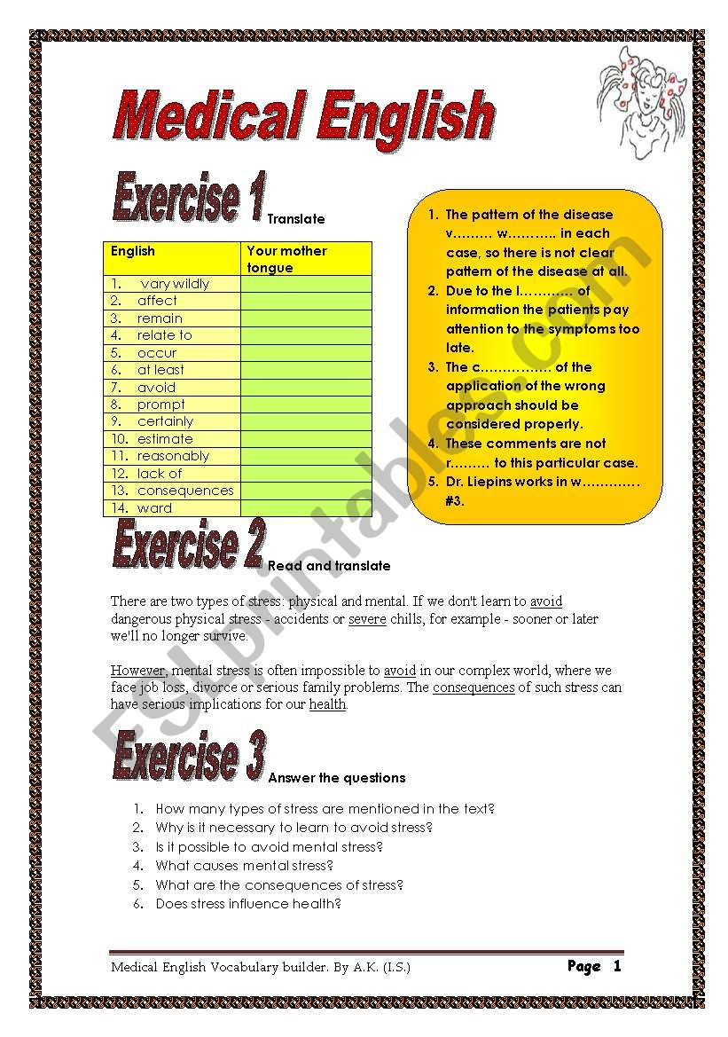 5 pages/12 exercises Medical English Vocabulary builder. 