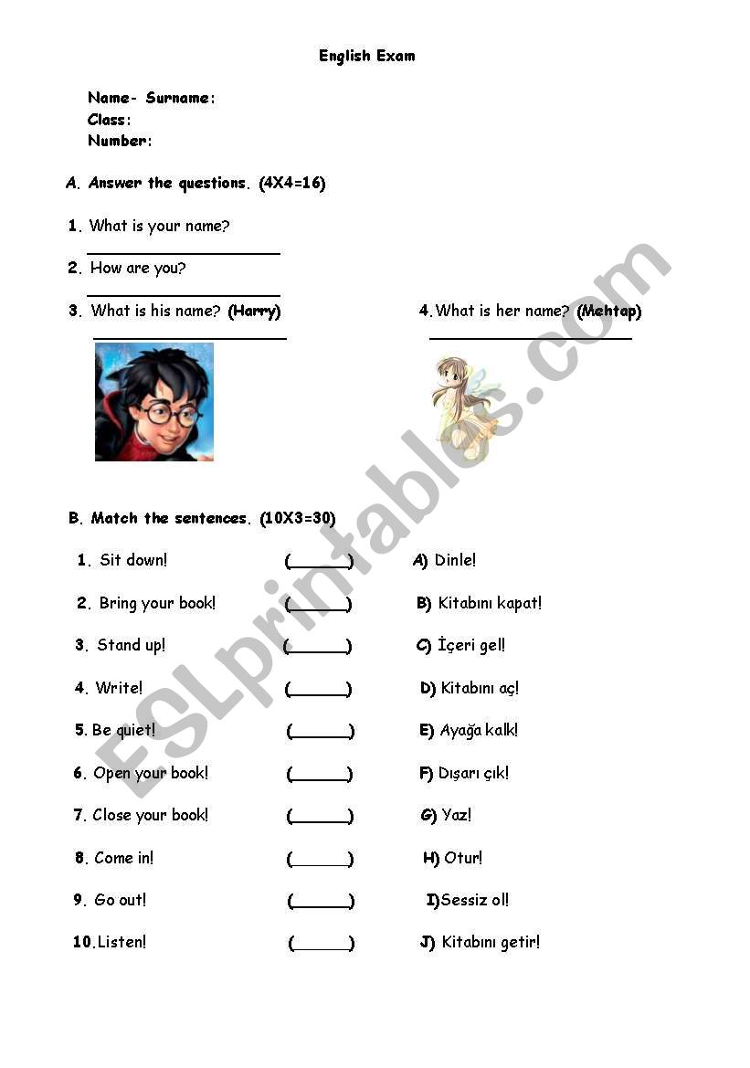 an exam  worksheet