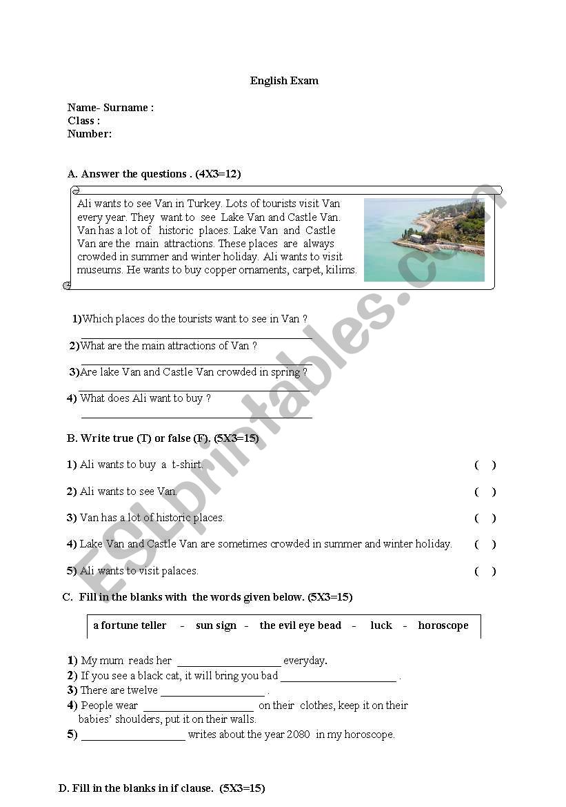 an exam  worksheet