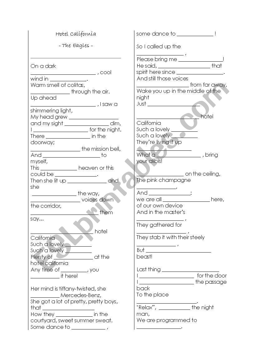 HOTEL CALIFORNIA worksheet