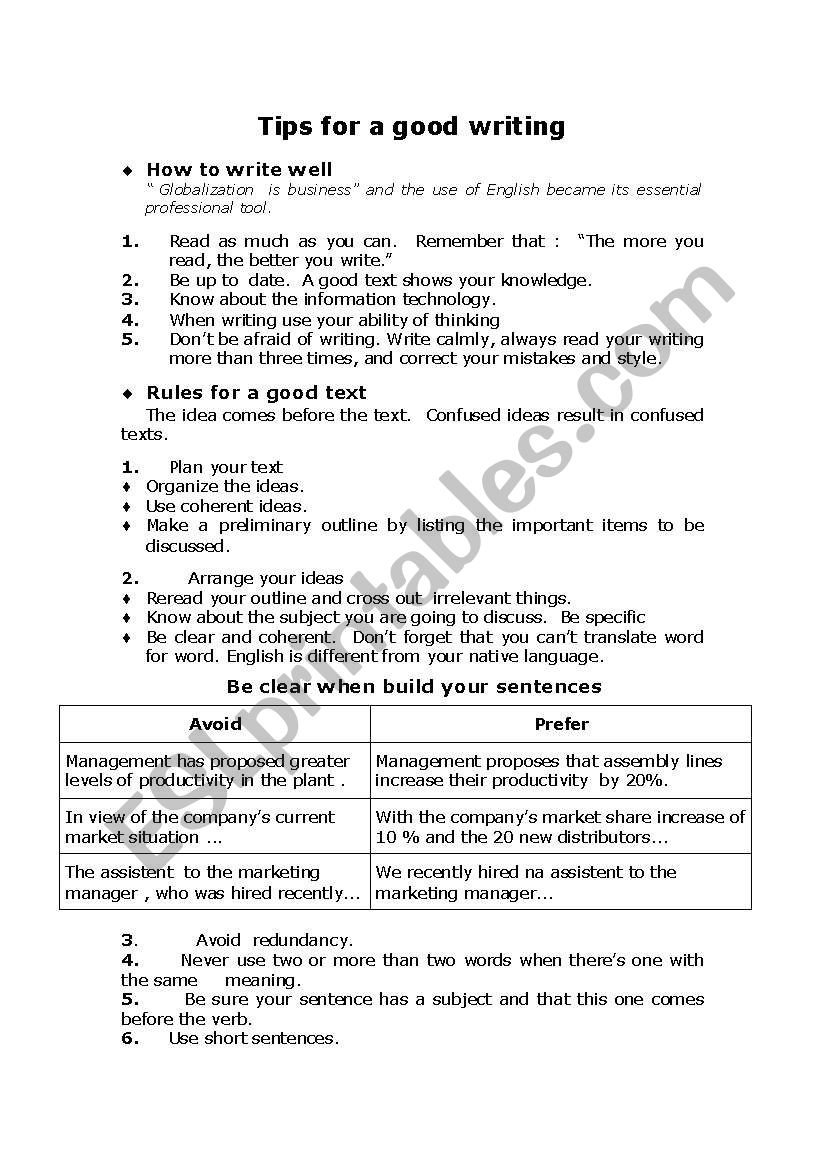 Tips for a good writing!!!! worksheet
