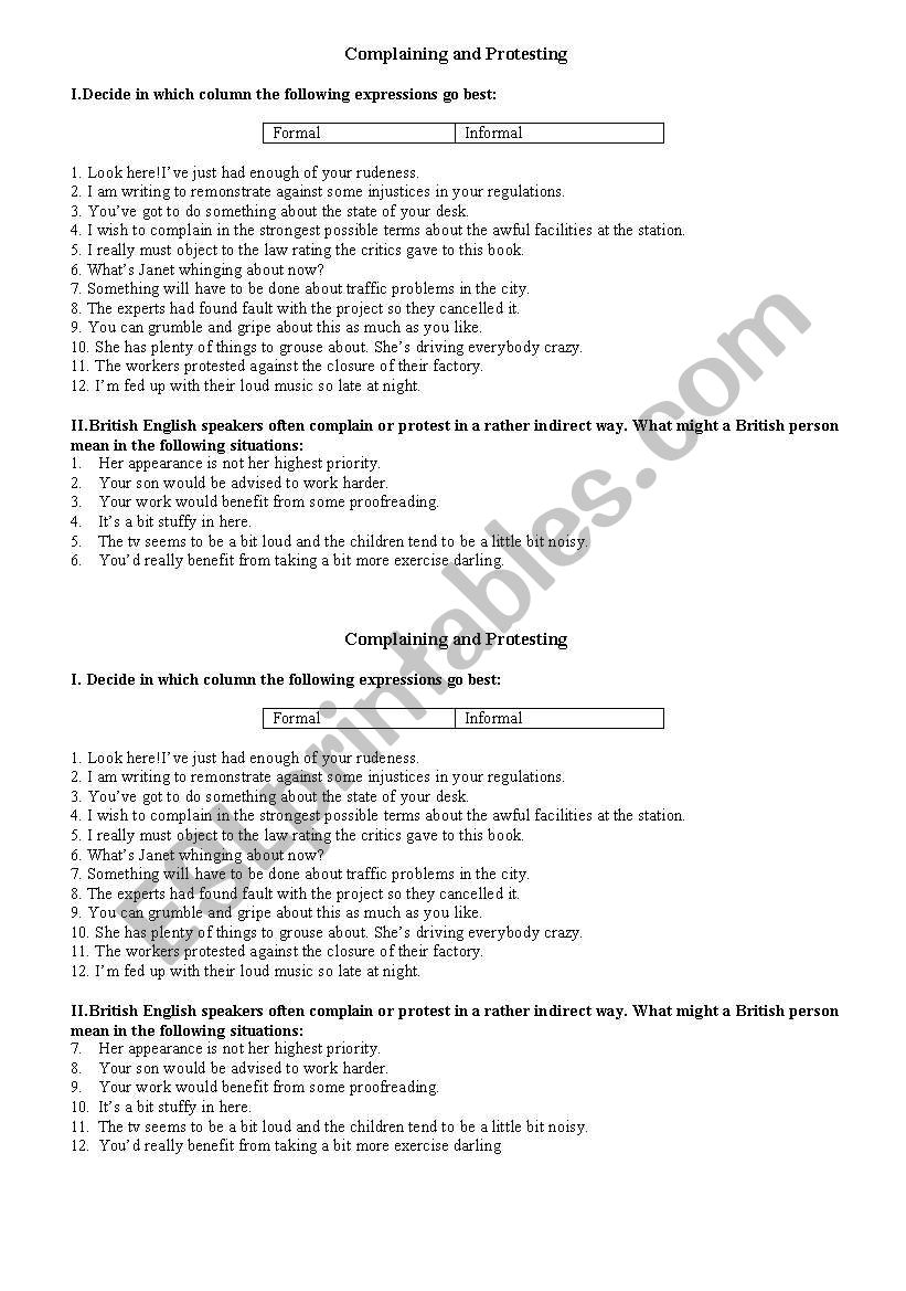 complaining and protesting worksheet