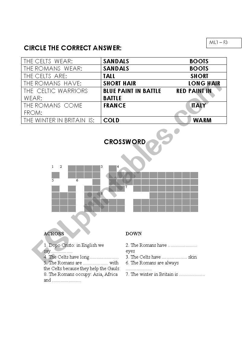 Romans versus Celts worksheet