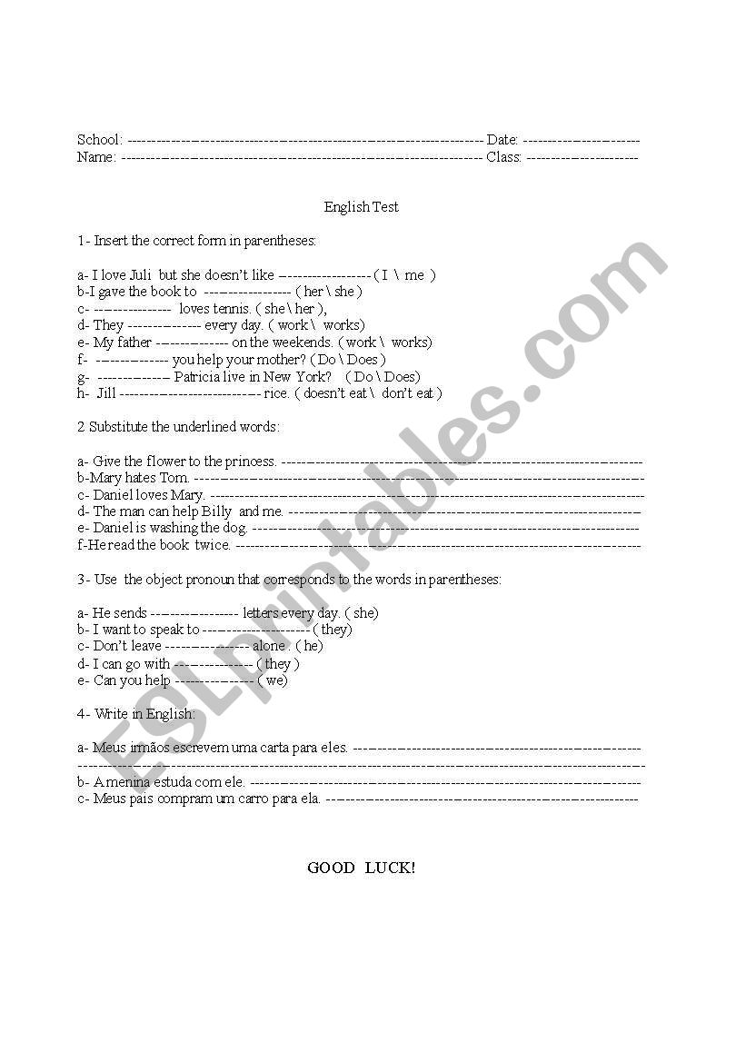 object pronoun worksheet