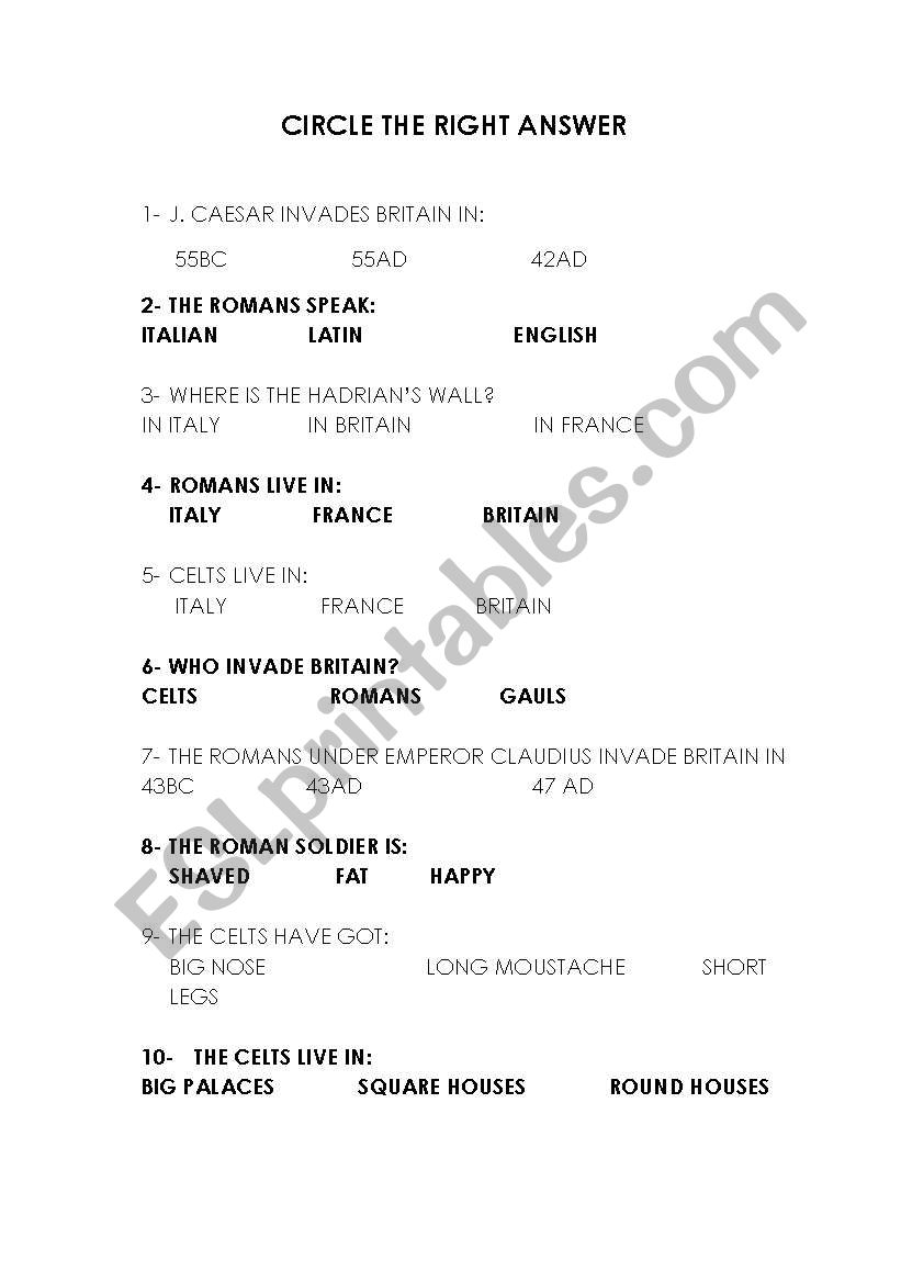 test about Romans in Britain worksheet