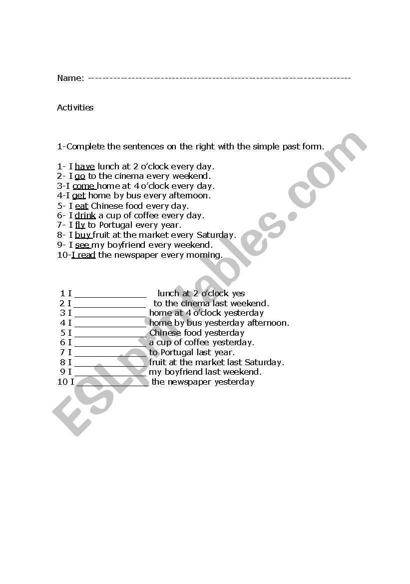 past tense worksheet