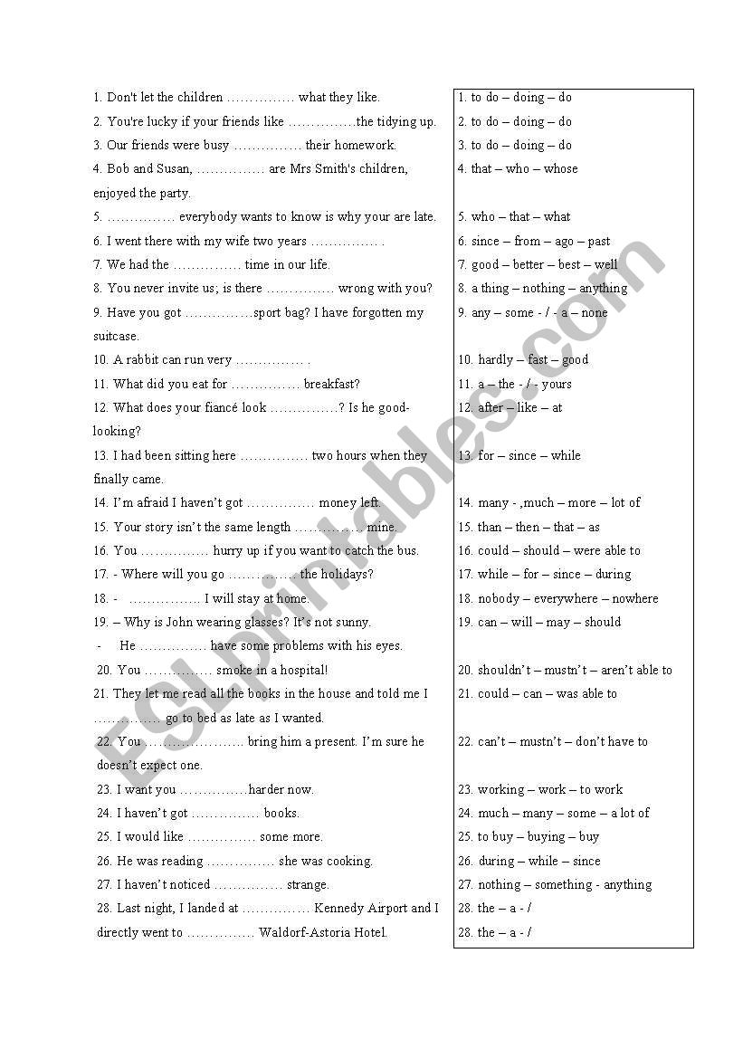 Multiple choice worksheet