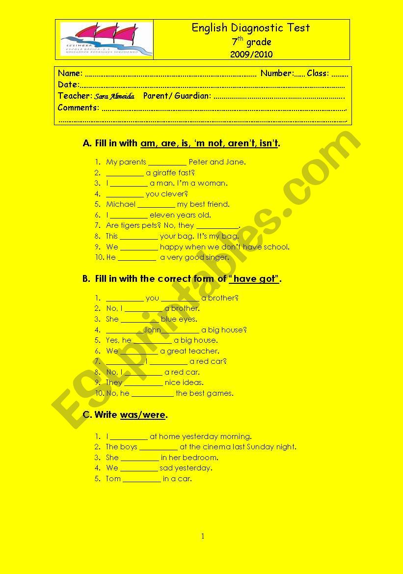 English Diagnostic Test 7th Grade ESL Worksheet By Sara Almeida
