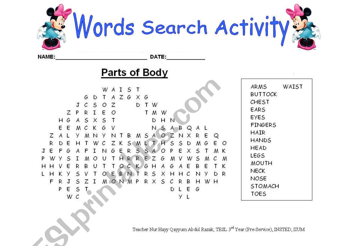 parts of body (word search activity)