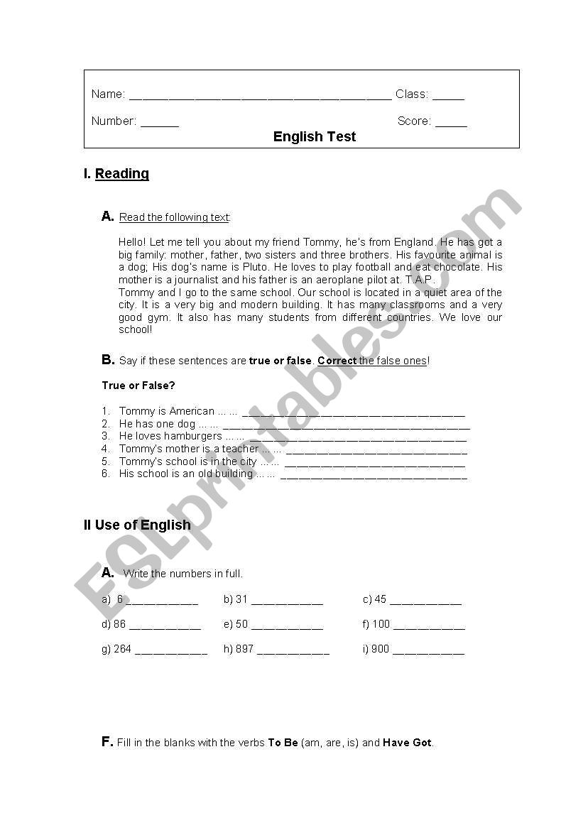 English test worksheet