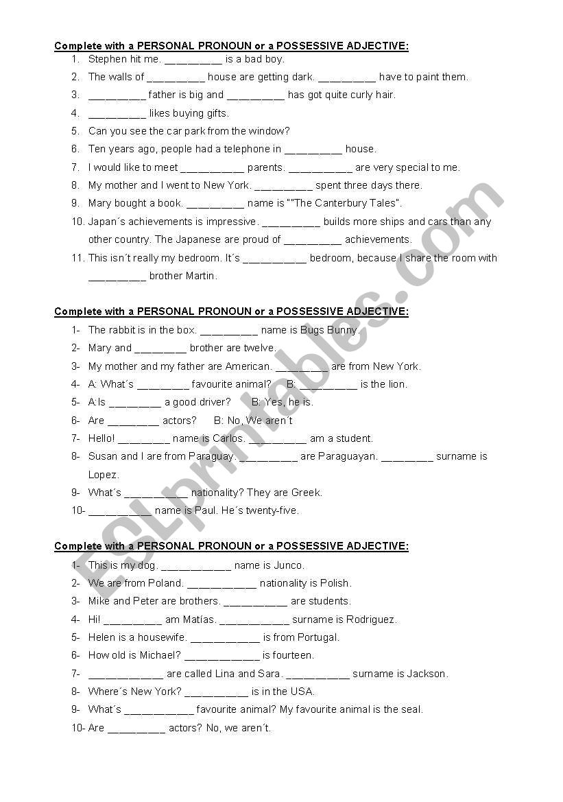 personal pronouns and possessive adjectives