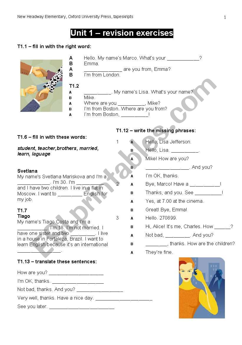 NEW HEADWAY ELEMENTARY worksheet