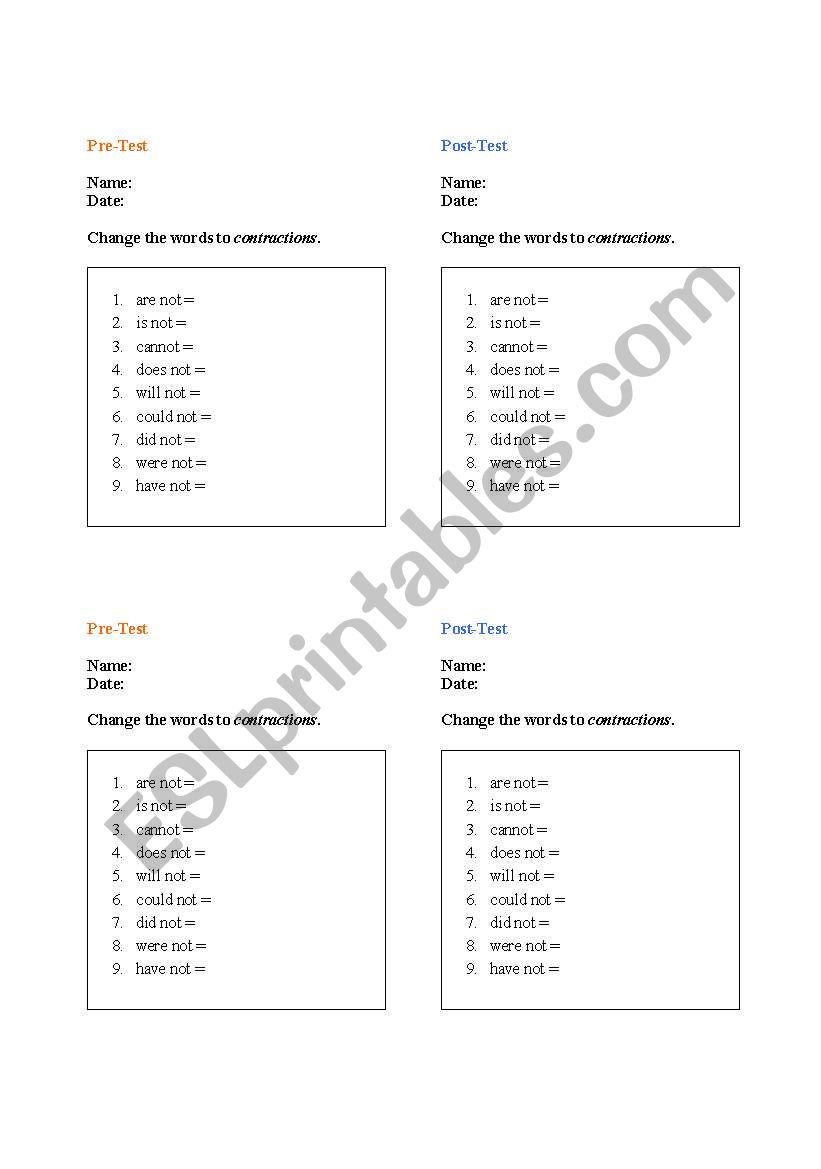 Negative Contractions Test worksheet