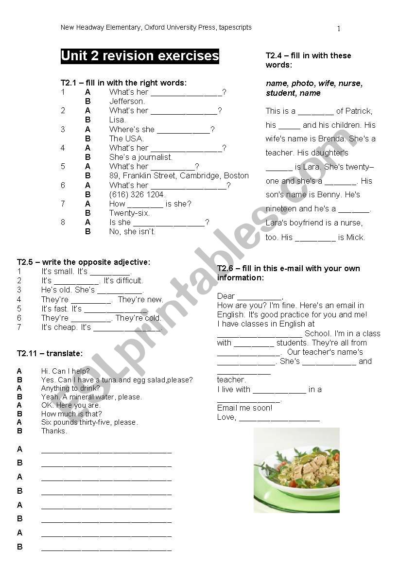 NEW HEADWAY ELEMENTARY worksheet