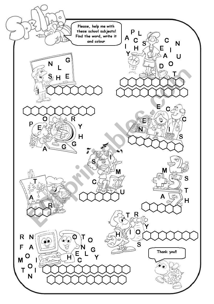 School subjects worksheet