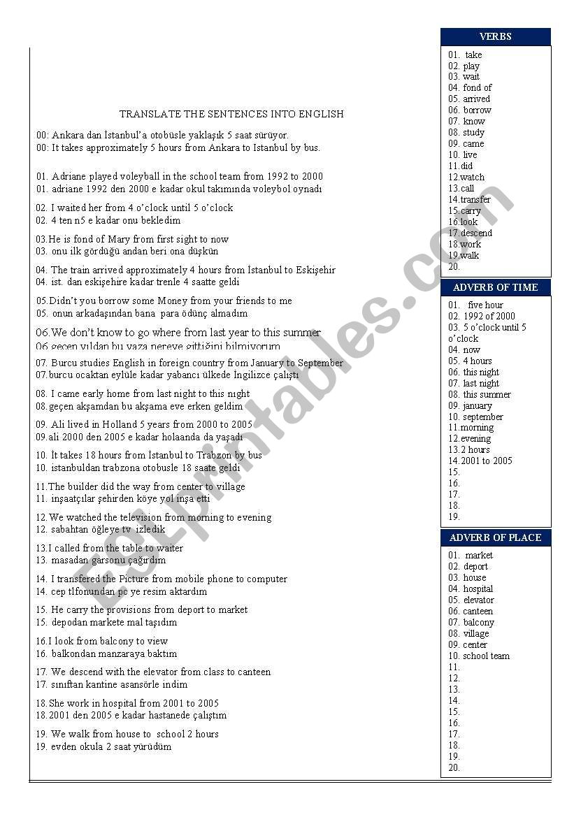 English worksheets from.....to