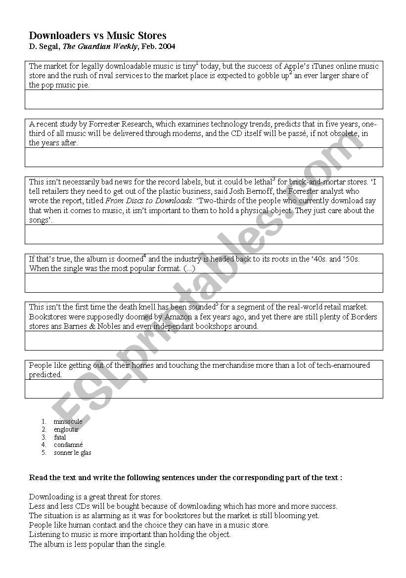 Downloaders vs music stores worksheet