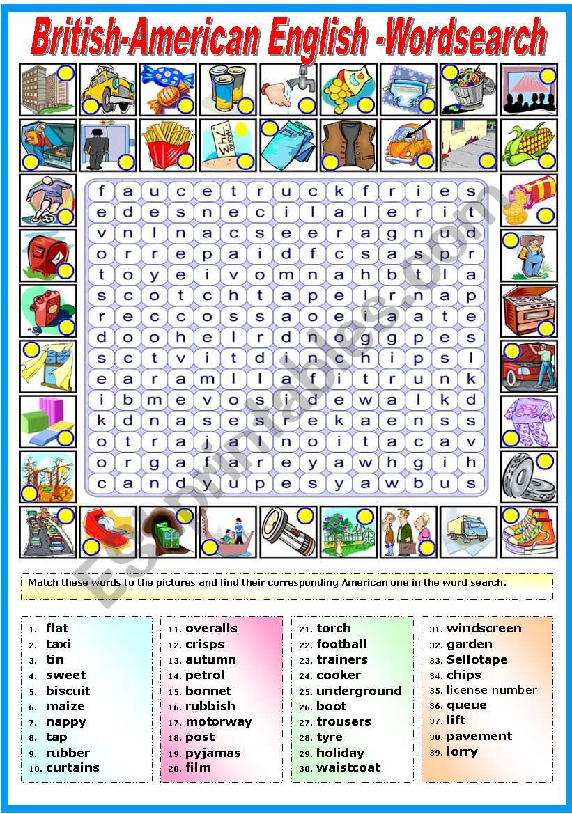 BRITISH AND AMERICAN ENGLISH-WORDSEARCH (B&W VERSION INCLUDED)