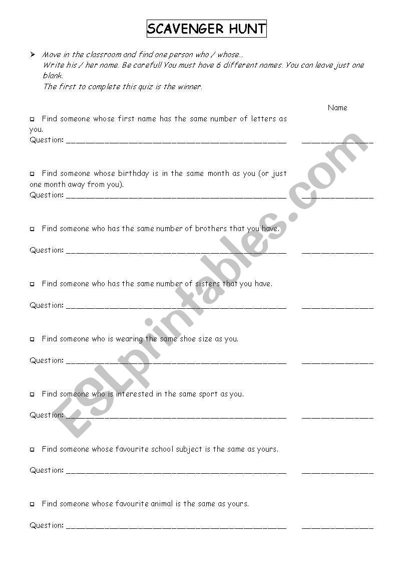 Scavenger Hunt worksheet