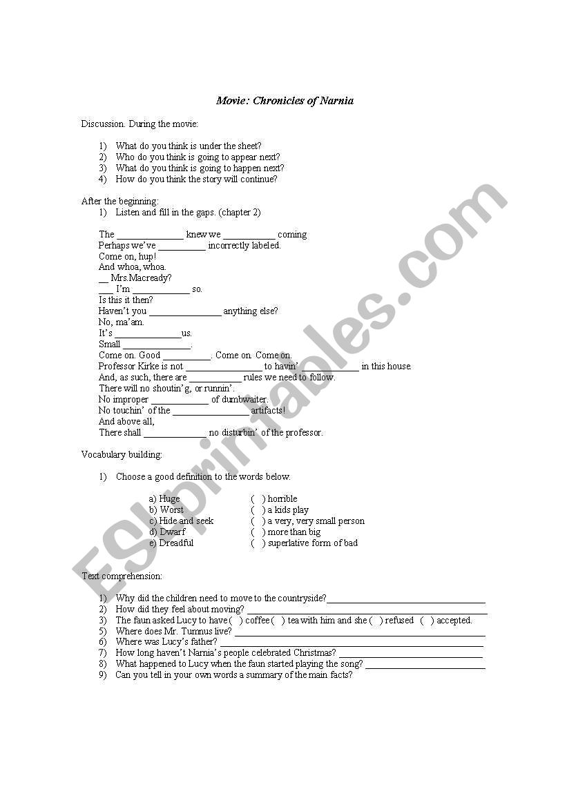 Movie Chronicles of Narnia worksheet