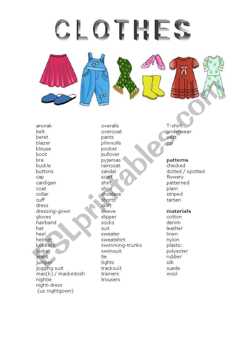 Clothes and other related vocabulary