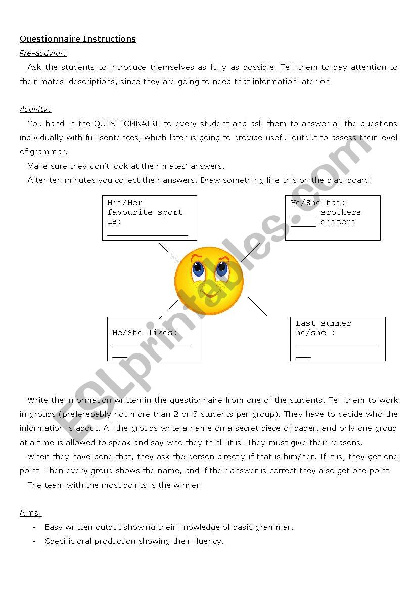 Questionnaire getting basic information instructions