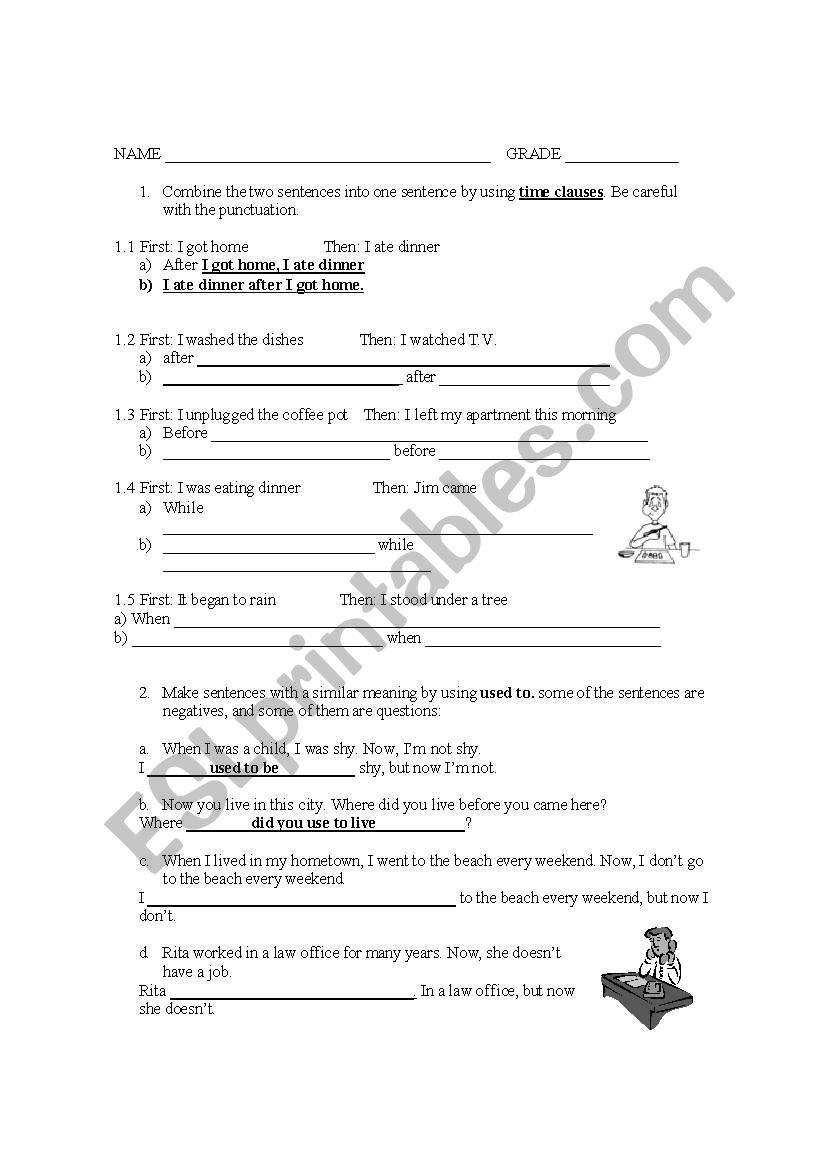 TIME CLAUSES - USED TO worksheet