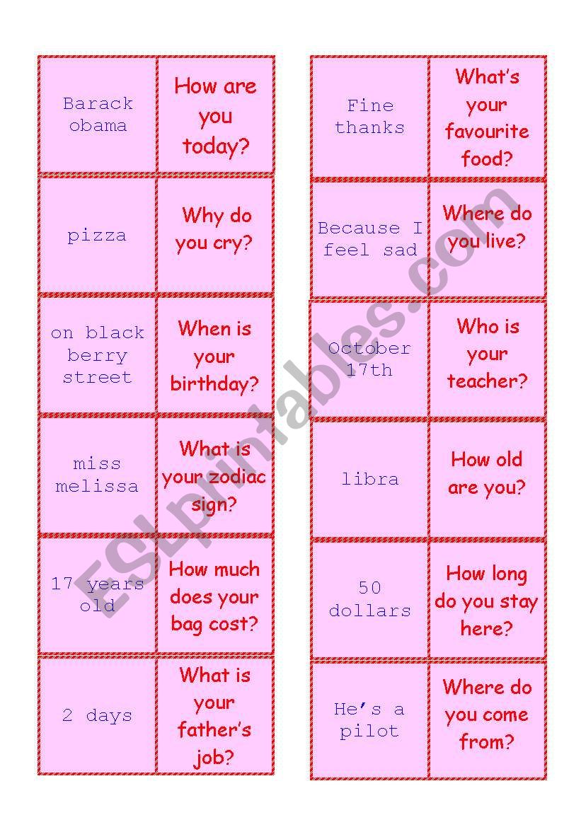 Question Domino worksheet