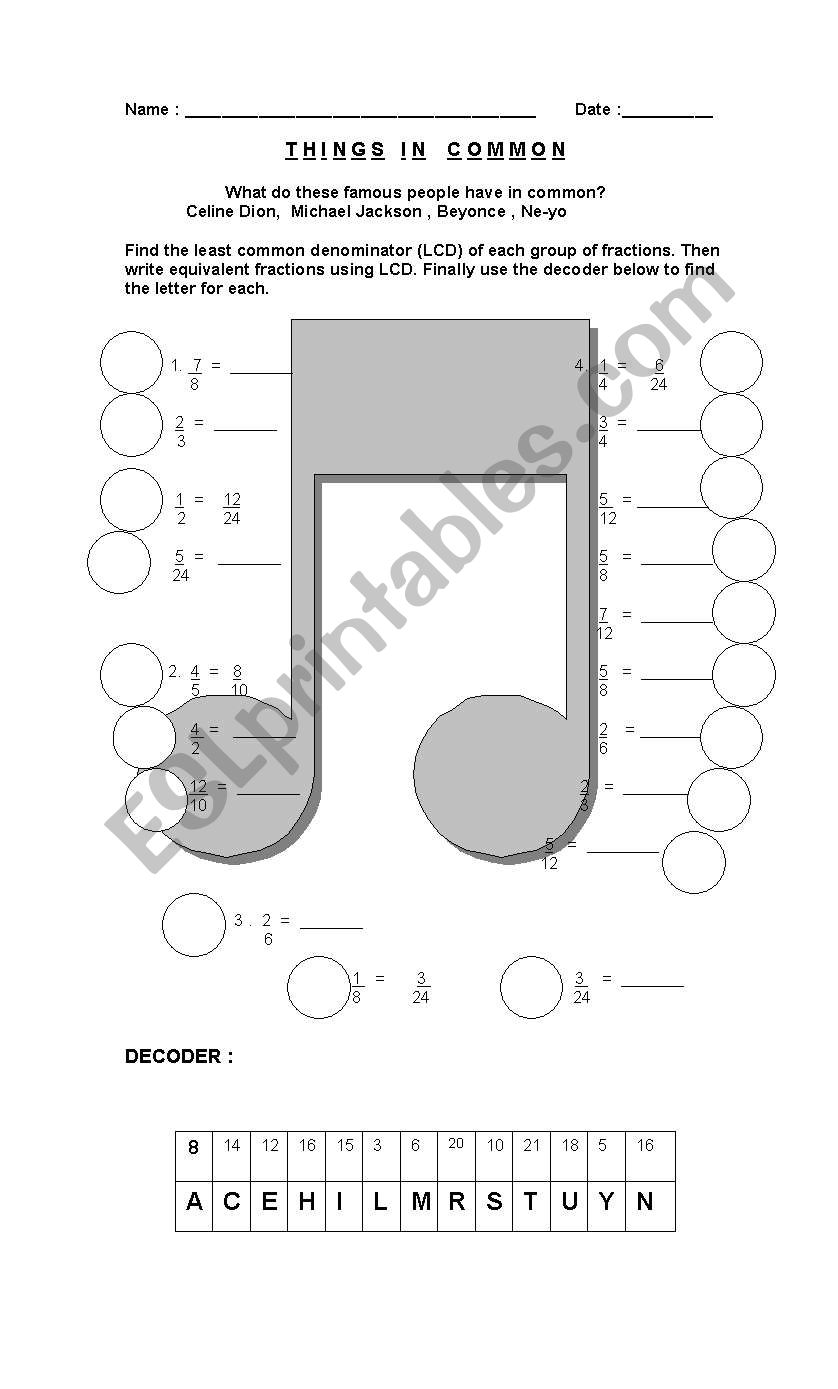 THINGS IN COMMON worksheet