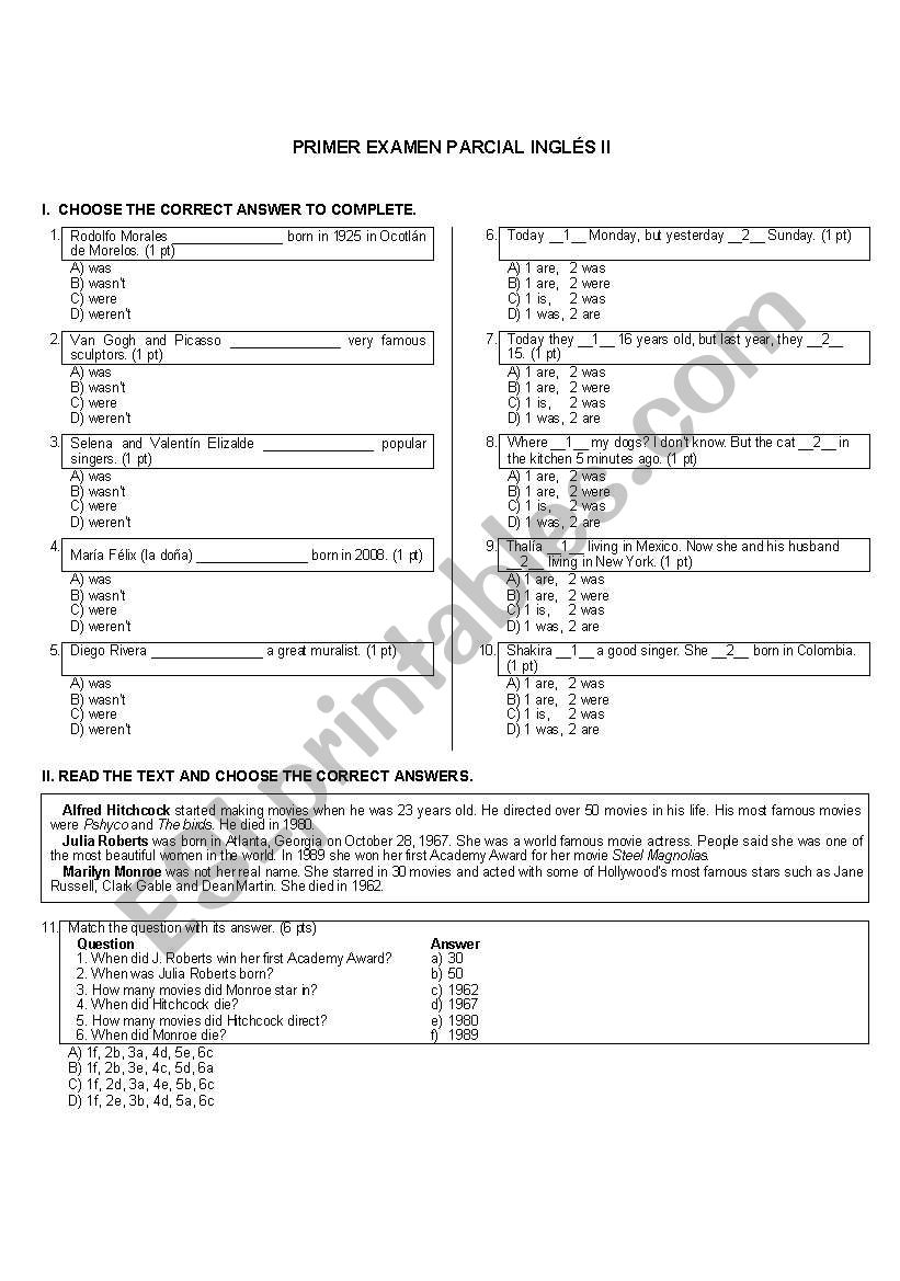 PAST TENSE TO BE worksheet