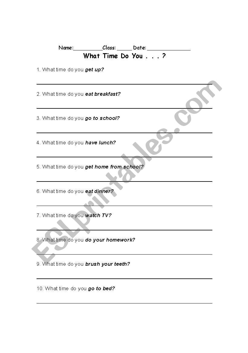 What time do you...? worksheet