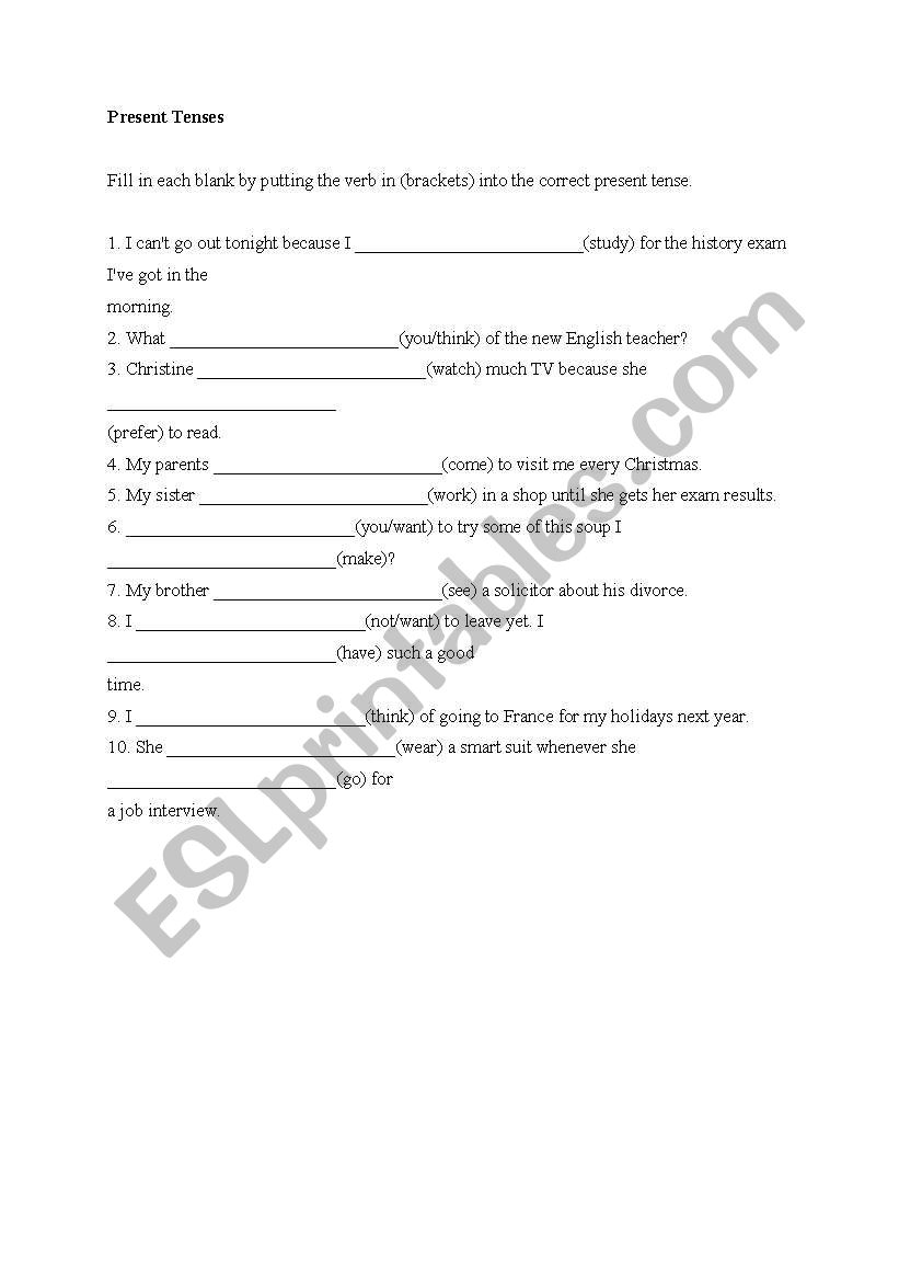 Present tenses excercise worksheet