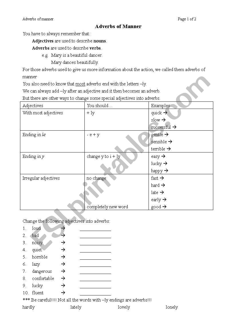 Adverbs of manner worksheet