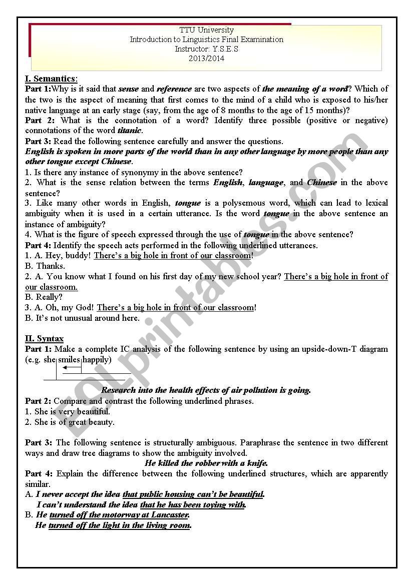 Advanced Liguistics Test worksheet