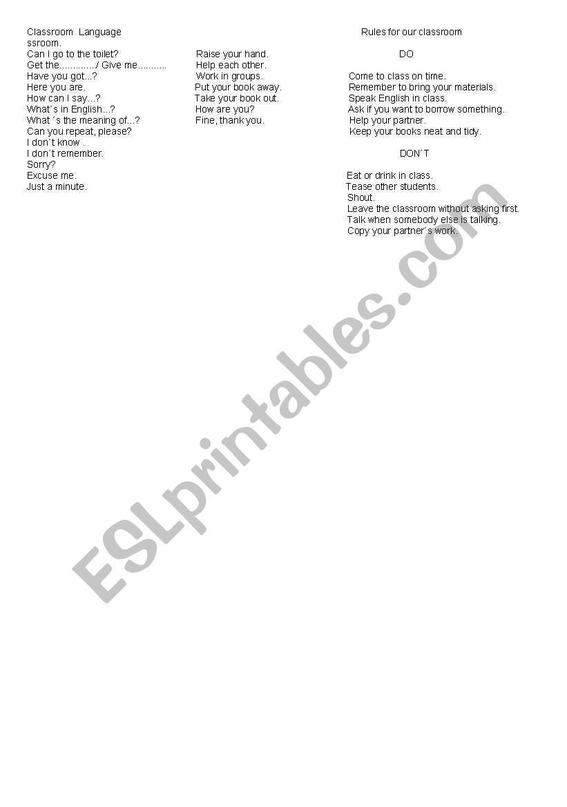 classroom lenguage worksheet
