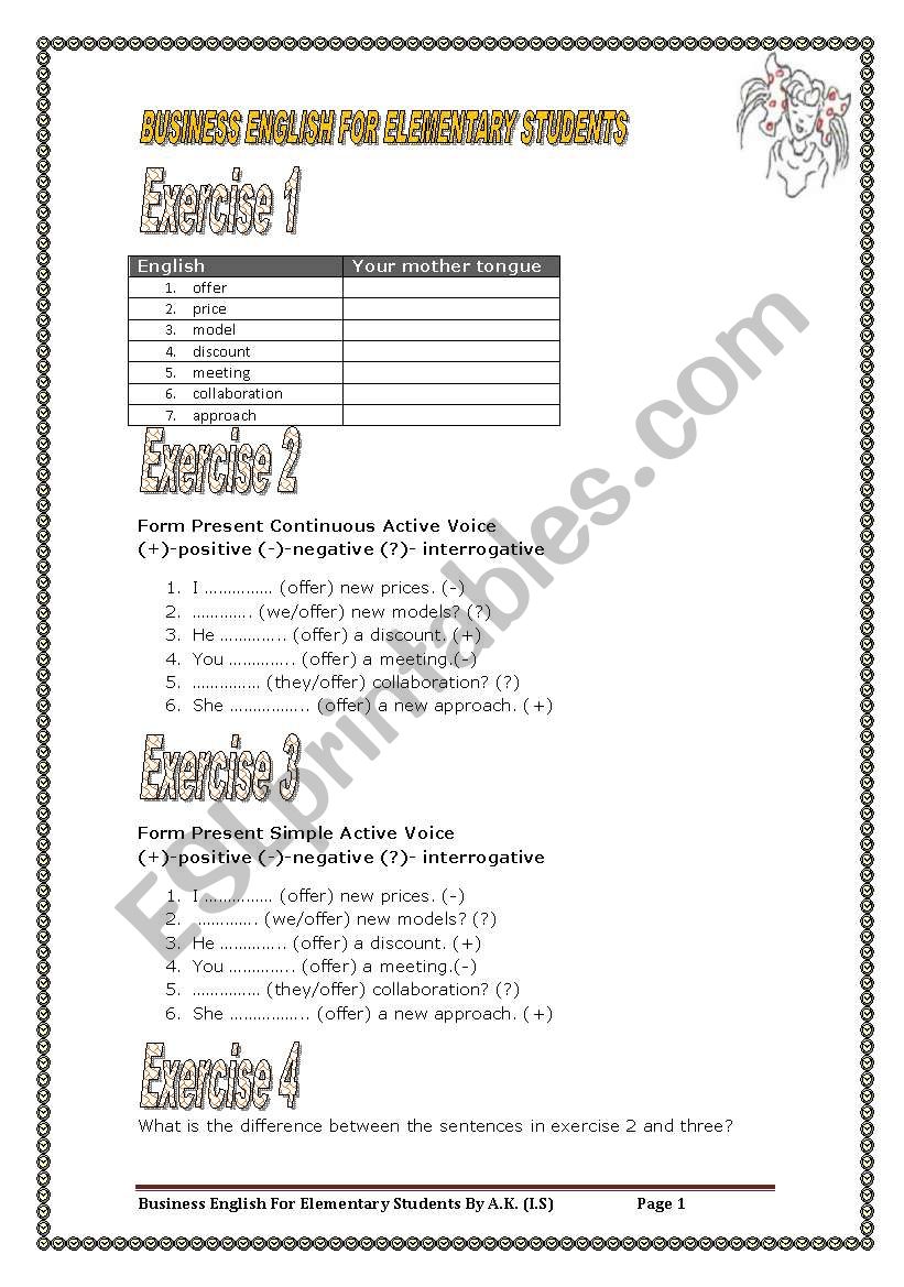 6 pages/14 exercises/137 sentences BUSINESS ENGLISH FOR ELEMENTARY STUDENTS