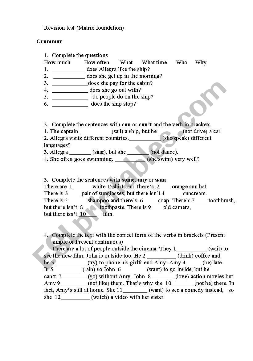 revision test worksheet
